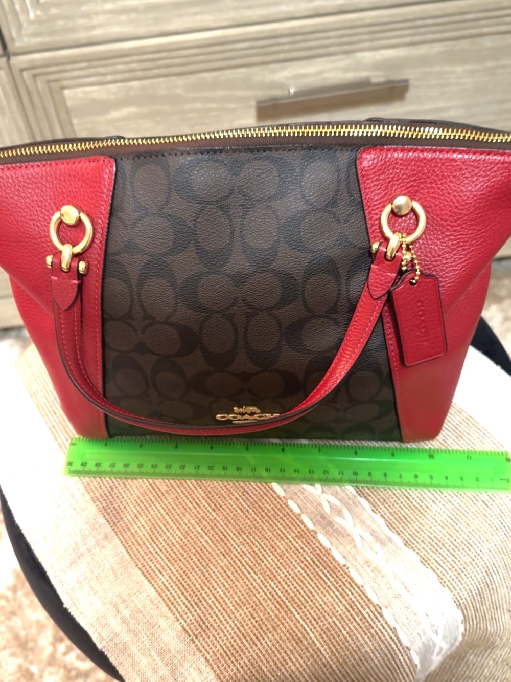 USED ONCE-Coach Brown Signature Canvas Tote with Red Leather Panels with STRAP